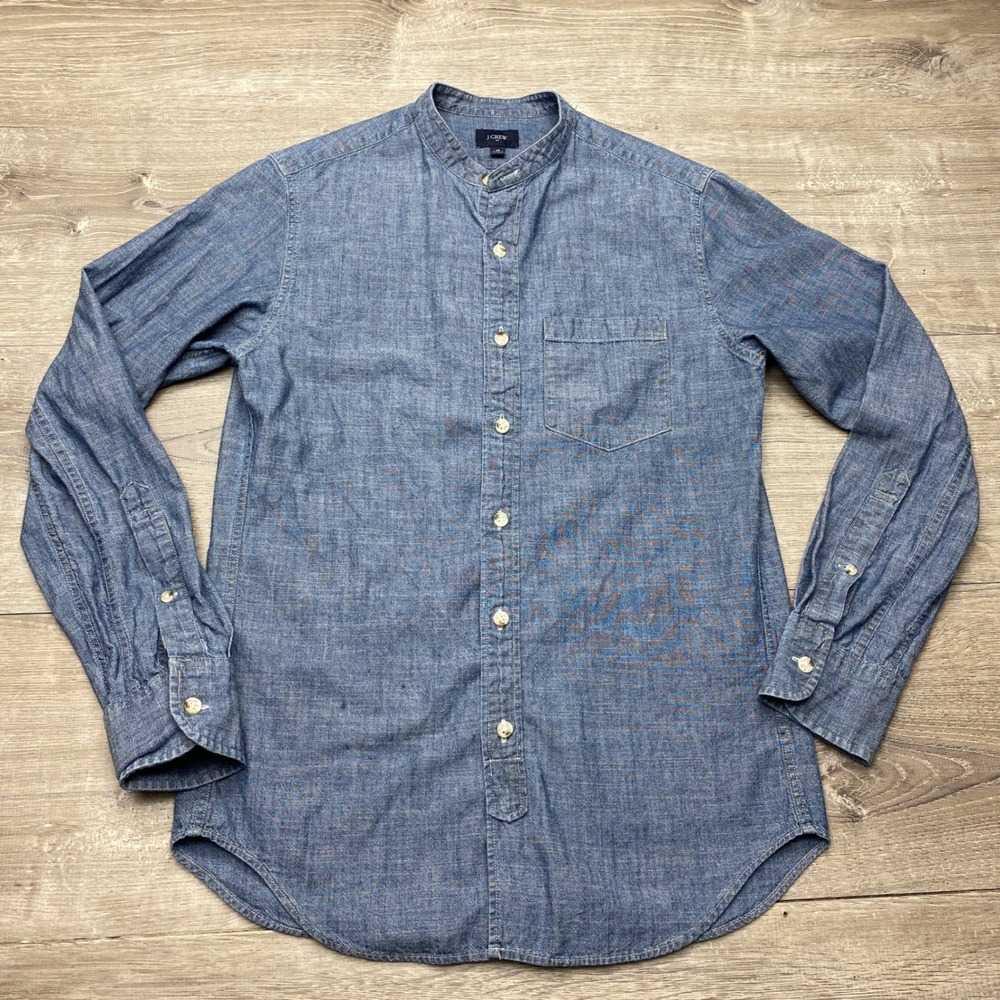 J.Crew Shirt Band Collar Mens XS Blue Cotton Chambray Long Sleeve C6103 Casual